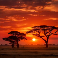 Poster - A vibrant red sky at dusk, casting a warm glow over the landscape.