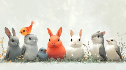 Clipart of various family pets including a rabbit, fish, and bird on a white background