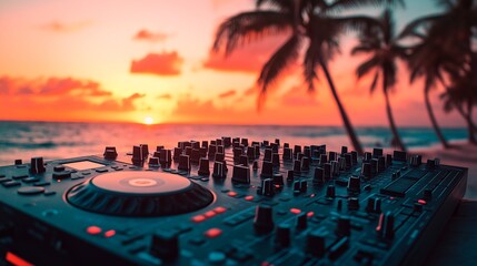 Wall Mural - beautiful sunset over the sea and music mixer