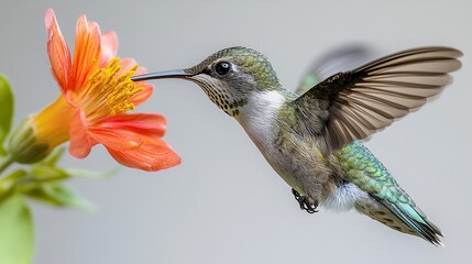 Canvas Print - Close-up of a hummingbird feeding from a flower on a white background