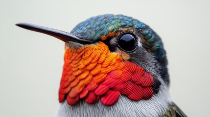 Wall Mural - Close-up of a ruby-throated hummingbirdâ€™s vibrant red chest feathers on a white background