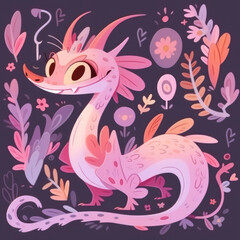 generated illustration of cute pink dragon against black background