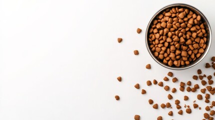 Top view of dry dog food in a metal bowl with scattered kibbles on a white background. Perfect for pet care and nutrition themes.