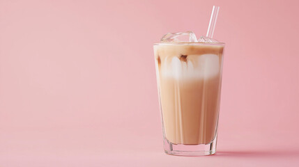 a glass of ice latte coffee isolated on pink background