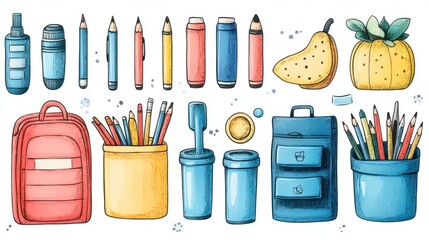 Poster - Colorful clipart of office supplies and tools on a white background