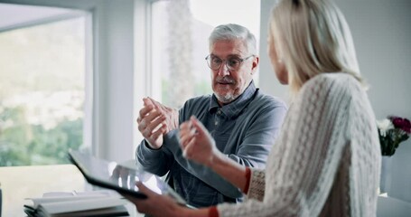 Canvas Print - Argue, documents and senior couple on tablet in home for budget, financial review and mortgage payment. Retirement, digital tech and man and woman with bills for insurance, debt and online finance