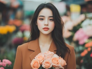 Wall Mural - A woman wearing a brown coat is holding a bouquet of flowers