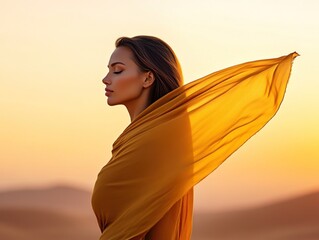 Wall Mural - A woman in a yellow scarf is standing in a desert