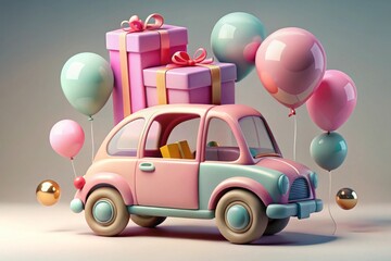  creative illustration of a car with balloons and transparent background