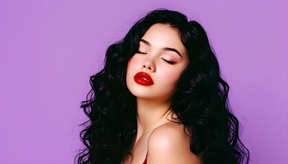 Retro beauty portrait of curly brunette girl with bold red lipstick and closed eyes against a vibrant purple background, embodying 90s fashion and elegance for Womens Day.