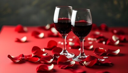 Intimate setting with red wine glasses and scattered petals for a romantic dinner on Valentines Day