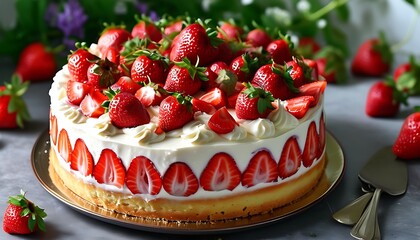 A beautifully decorated strawberry cake, covered with fresh strawberries and cream on the top and a soft cake layer on the bottom, looks bright and attractive, suitable for celebrating moments.