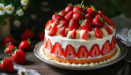 Wall Mural - A beautifully decorated strawberry cake, covered with fresh strawberries and cream on the top and a soft cake layer on the bottom, looks bright and attractive, suitable for celebrating moments.