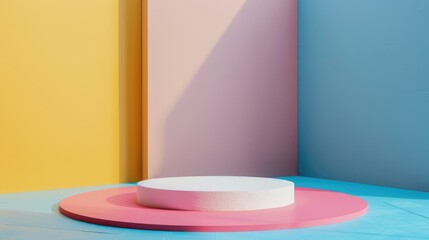 White round podium on colorful background with blue, pink, and yellow. Ideal for product showcasing, flat lay with space for text.