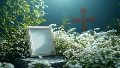 Sticker - White Picture Frame Surrounded by White Flowers and a Blurred Cross