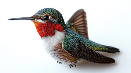 Canvas Print - Detailed illustration of a ruby hummingbird perched elegantly on a white background