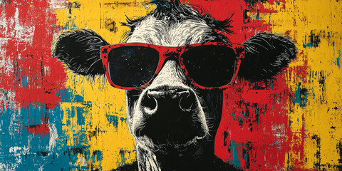 Canvas Print - A cool cow with red sunglasses against a colorful background.