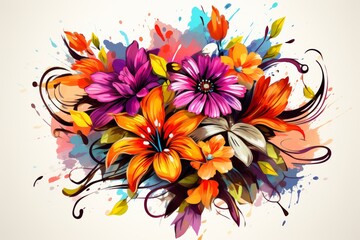 Poster - Stylized minimalist flower bouquet with thin lines and vibrant colors on a white canvas