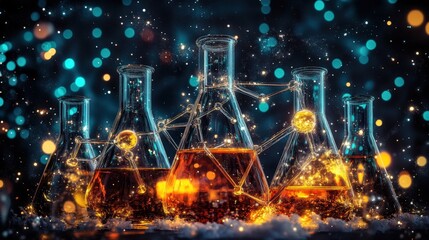 Poster - A vibrant collection of flasks filled with luminous liquids showcases intricate molecular connections. The glowing setup creates an enchanting atmosphere with a blurred background