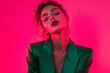 © Blockbits - High Energy Womans Deep Green Suit with Solid Neon Pink Trendsetting Fashion Lifestyle Portrait Background