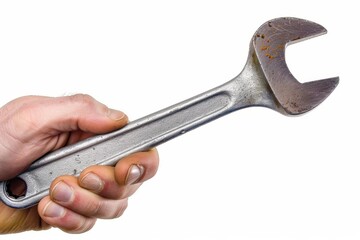 Spanner or wrench in hand on white background