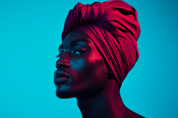 Trendsetting Mens Burgundy Head Wrap with Solid Neon Blue High Energy Fashion Lifestyle Portrait Background