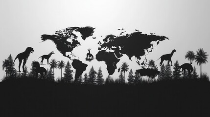 Poster - Extinction clipart with a global map and extinct animal silhouettes on a white background