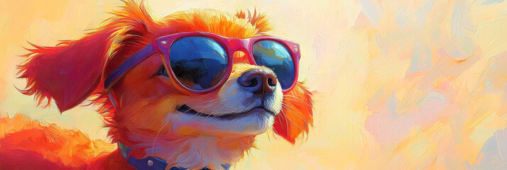 Canvas Print - A cute dog with sunglasses looking cool on a sunny day.