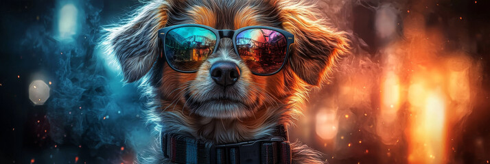 Sticker - Cool dog wearing sunglasses with a blurred background of  blue and orange smoke.