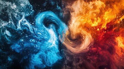 Poster - Two immiscible liquids in vivid blue and orange engage in a captivating dance, creating stunning patterns against a dark backdrop, highlighting their contrasting properties
