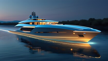 Futuristic electric yacht illuminated at night, showcasing luxury travel and innovative design on tranquil waters