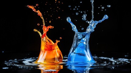 Poster - A striking interaction of two immiscible liquids, orange and blue, as they collide and create vivid splashes, capturing energy in motion against a dark background