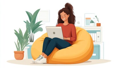 Sticker - Woman Working on Laptop in Beanbag