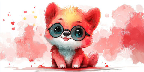 Wall Mural - Cute cartoon puppy wearing glasses with a pink watercolor background.