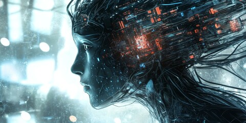 Poster - Cybernetic woman with glowing circuits.