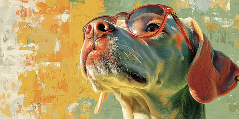 Canvas Print - A dog with glasses looks up, painted in a vibrant, abstract style.