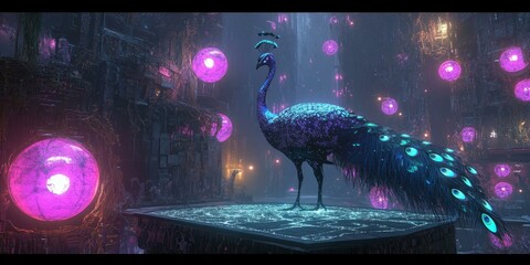 Sticker - A blue peacock stands on a glowing platform in a