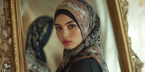 Wall Mural - Woman in patterned headscarf looks in ornate mirror.