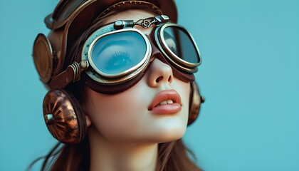 Retro pin-up portrait of a beautiful young woman in aviator goggles against a blue background, embracing vintage fashion and steampunk style for Womens Day celebration