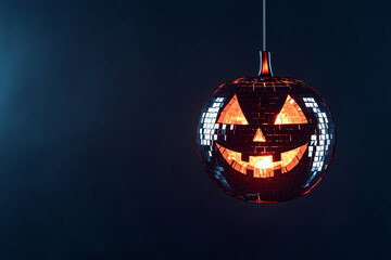 disco ball pumpkin. halloween disco ball with pumpkin face hanging on dark background. halloween par