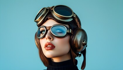 Retro pin-up portrait of a beautiful young woman in aviator goggles against a blue background, embracing vintage fashion and steampunk style for Womens Day celebration