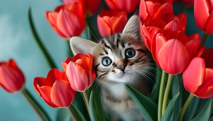 Curious kitten exploring vibrant red tulips, capturing whimsical springtime freshness in a close-up display perfect for backdrops and wallpapers