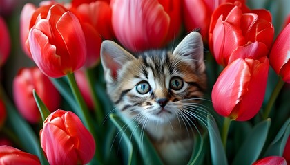 Curious kitten exploring vibrant red tulips, capturing whimsical springtime freshness in a close-up display perfect for backdrops and wallpapers