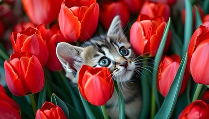 Curious kitten exploring vibrant red tulips, capturing whimsical springtime freshness in a close-up display perfect for backdrops and wallpapers