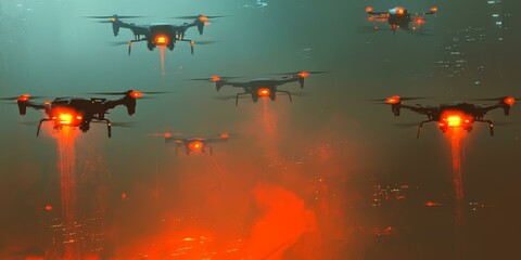 Drones flying in a futuristic city.