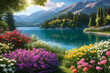 © Alex Vog - Wallpaper of amazing colorful view of azure lake and mountains from blooming garden with flowers. Beauty of nature concept backgrounds. Copy ad text space. Generative cartoon Ai illustration