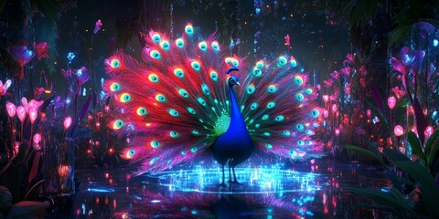 Sticker - Peacock with vibrant feathers in a glowing forest.