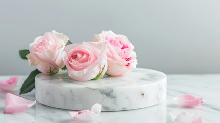 Canvas Print - Marble podium with pink roses on white background for showcasing body care products.