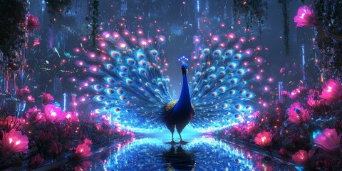 Wall Mural - A peacock with shimmering feathers stands in a glowing forest.