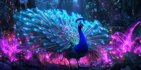 Wall Mural - A blue peacock standing in a glowing forest.